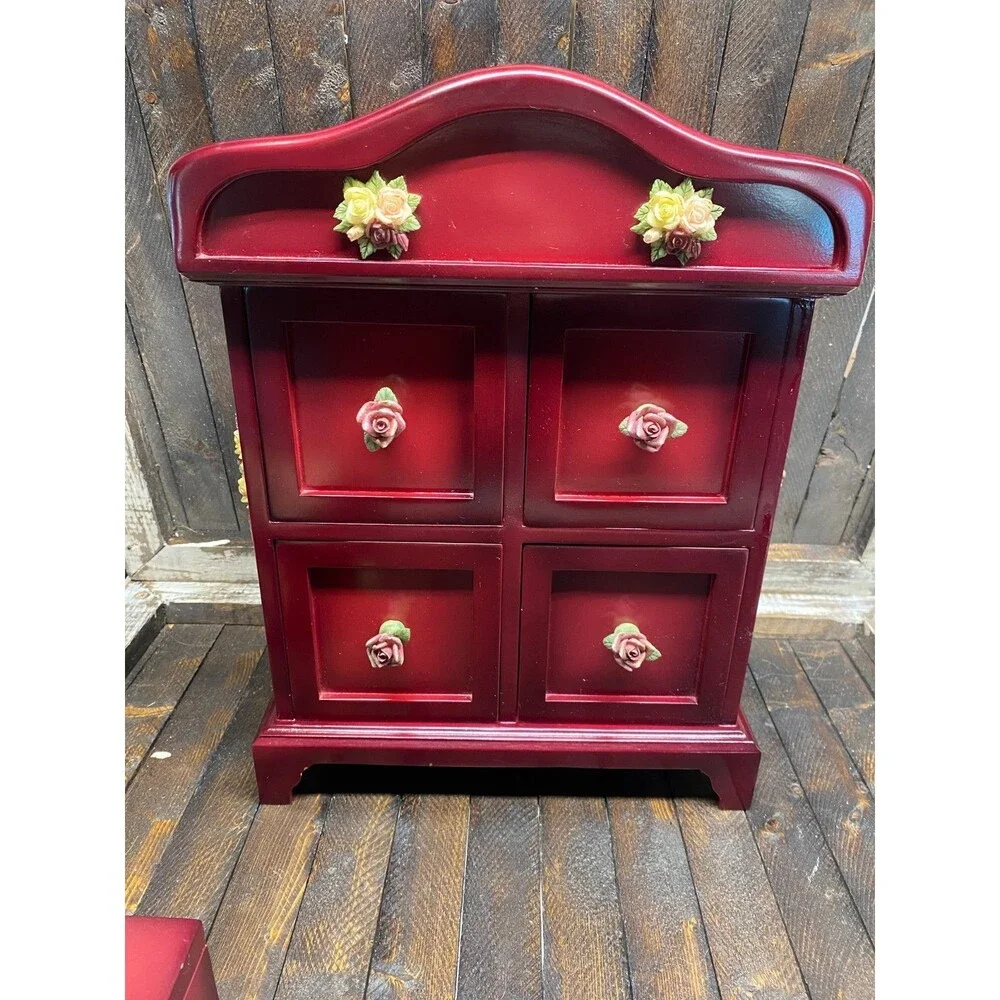 Set 2 Red Wood 4 Drawer Jewelry Chest With Resin Flowers And Trinket Photo Box
